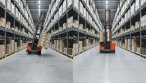 VNA forklift truck operating in a high bay warehouse with defined traffic floor flatness