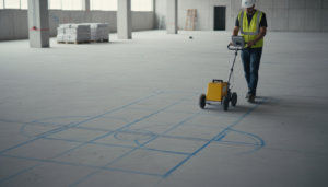 Technician scanning concrete with GPR radar to locate rebar before drilling