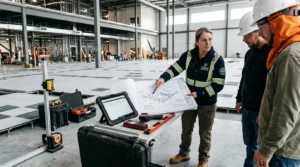 flooring inspector with measurement equipment explaining floor specs