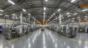 Industrial manufacturing facility with polished concrete fire-resistant flooring system
