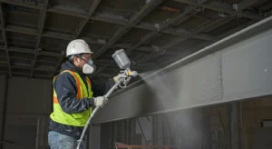 Worker applying spray-applied fire resistive material SFRM to structural steel in commercial construction