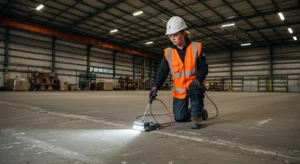 Technician using digital floor profiler instrument to test floor flatness on commercial concrete slab